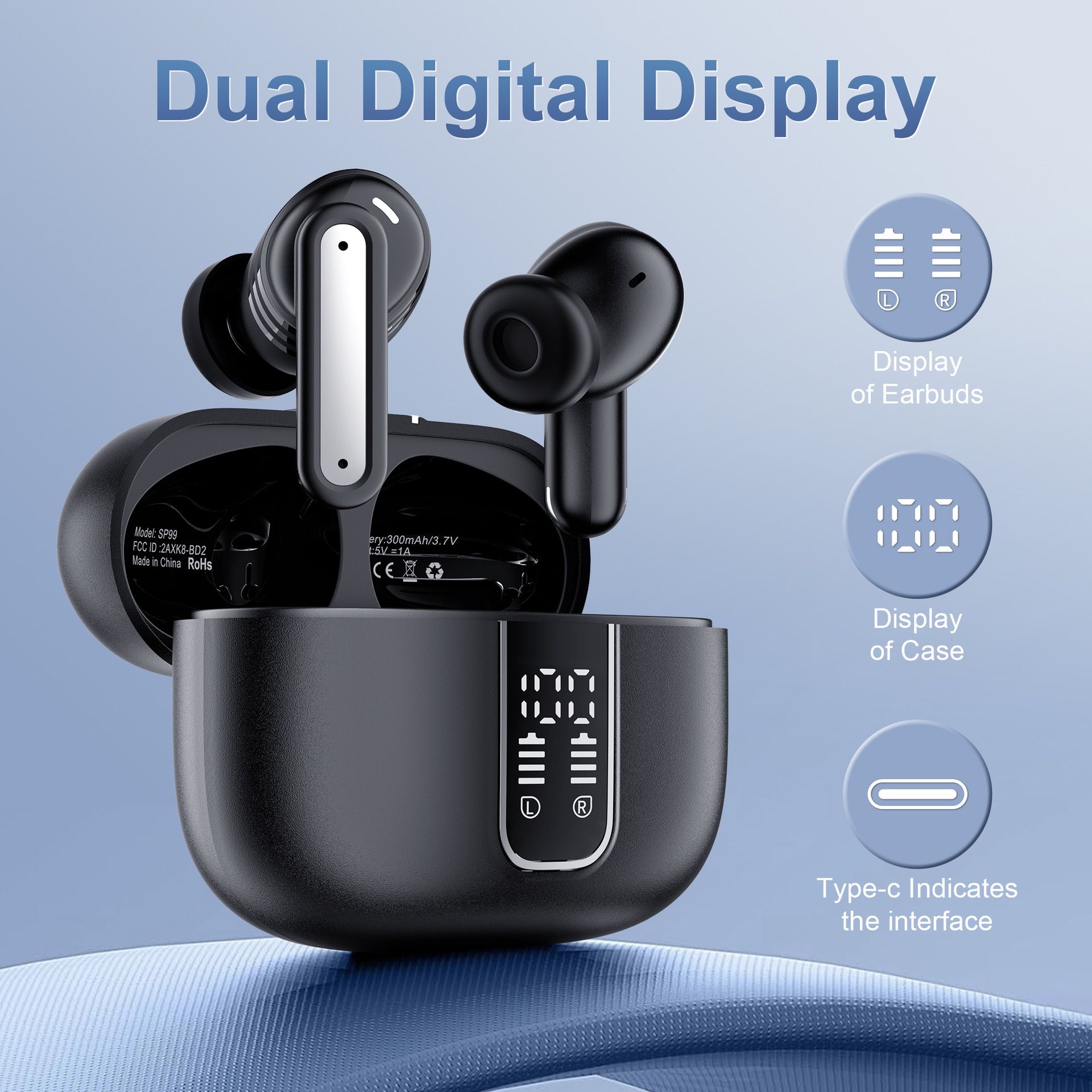 Popup automatic connection long playtime earphones touch finger print tws earbuds bluetooth dual digital display earphones