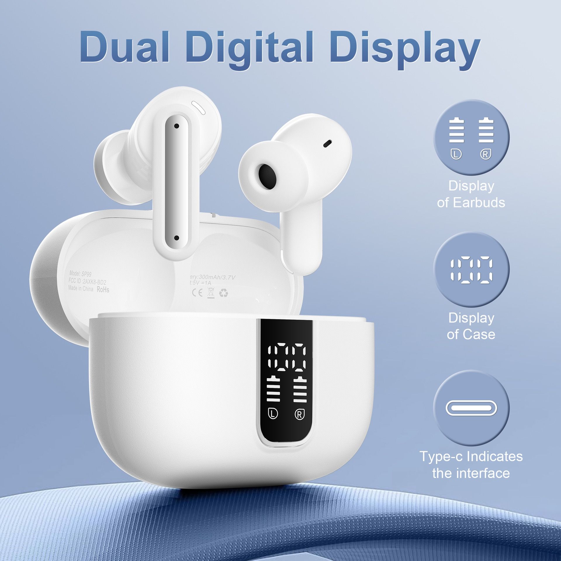 Popup automatic connection long playtime earphones touch finger print tws earbuds bluetooth dual digital display earphones