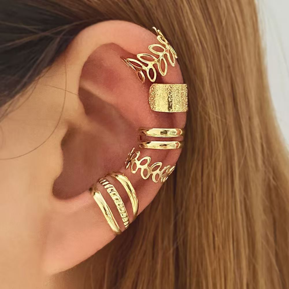 5Pcs/Set Women No Piercing Ear Bone Clip Personalized Gold Leaf Hollow Multi-layer Earclip Earring