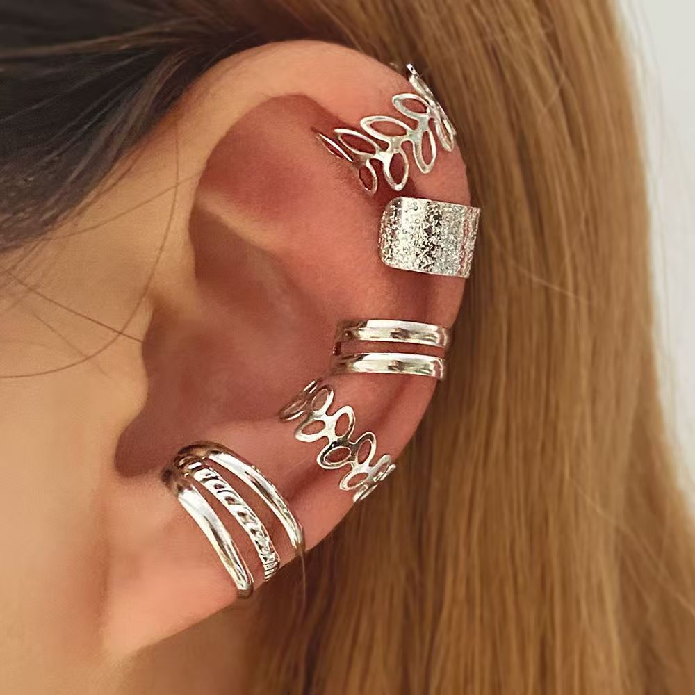 5Pcs/Set Women No Piercing Ear Bone Clip Personalized Gold Leaf Hollow Multi-layer Earclip Earring