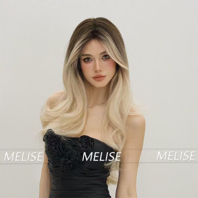 Women's High-grade Sense Of Temperament Human Hair Wig Gradient Gold In Part Splay Bangs Big Waves Long Curly Hair Full Head Cover