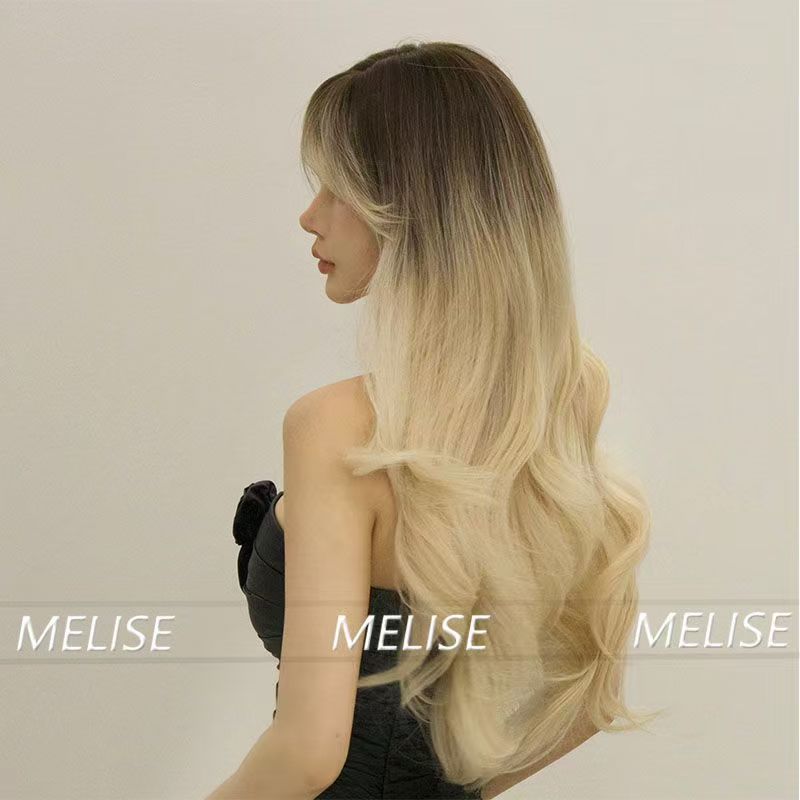 Women's High-grade Sense Of Temperament Human Hair Wig Gradient Gold In Part Splay Bangs Big Waves Long Curly Hair Full Head Cover