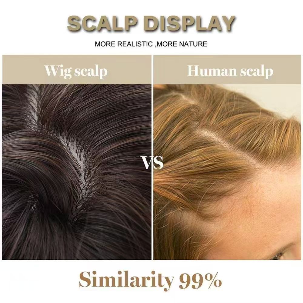 Women's High-grade Sense Of Temperament Human Hair Wig Gradient Gold In Part Splay Bangs Big Waves Long Curly Hair Full Head Cover