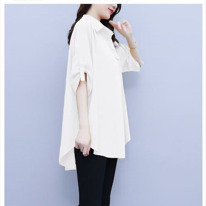 1 PC Medium To Long Shirt Short Sleeve Top Lady Shirt Short Sleeved Chiffon Shirt For Women In Plus Size Loose Fit Waist Cinching Slimming Chiffon Top Lady Wear Trendy