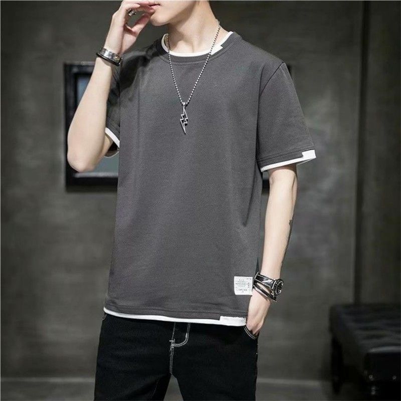 3PCS Men's Short Sleeved T-shirt Casual Half Sleeved Summer Youth Loose Top Men's Summer Short Sleeved Men（Not including necklace）Man Clothes