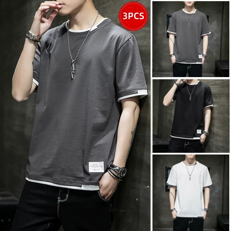 3PCS Men's Short Sleeved T-shirt Casual Half Sleeved Summer Youth Loose Top Men's Summer Short Sleeved Men（Not including necklace）Man Clothes