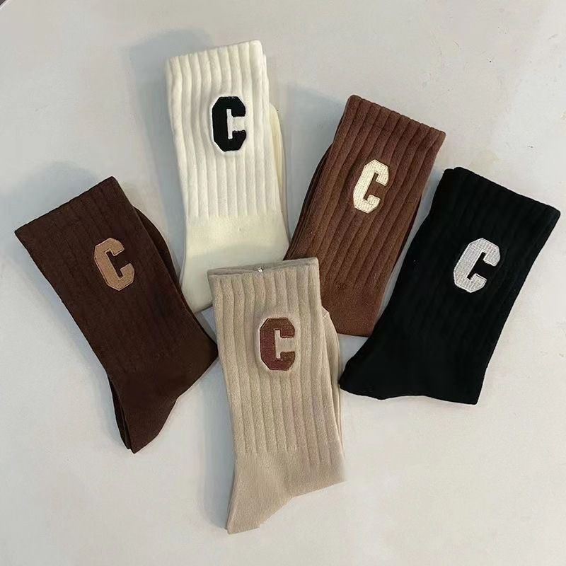 5PCS Socks Cotton Stockings Bling Ladies Trend All-fit Mid-tube Socks Autumn Winter Vertical Bar Letter Kinematic Growth Socks
