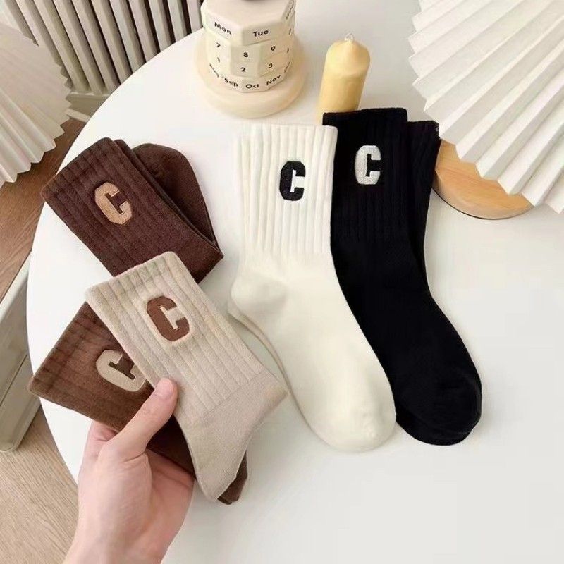 5PCS Socks Cotton Stockings Bling Ladies Trend All-fit Mid-tube Socks Autumn Winter Vertical Bar Letter Kinematic Growth Socks