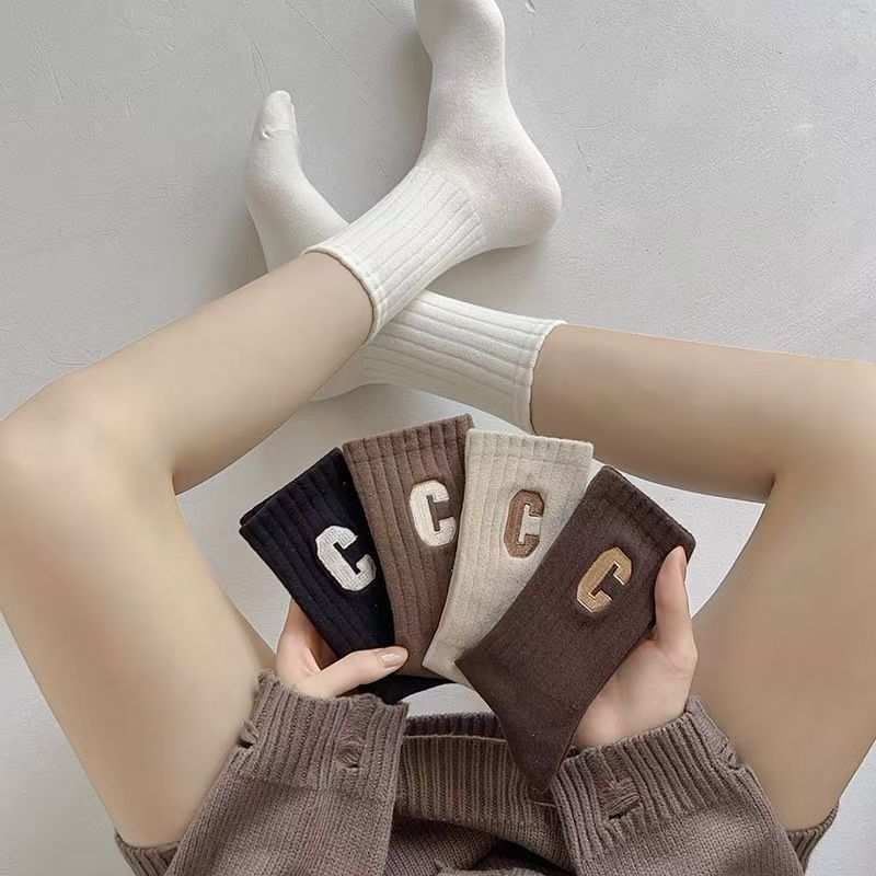 5PCS Socks Cotton Stockings Bling Ladies Trend All-fit Mid-tube Socks Autumn Winter Vertical Bar Letter Kinematic Growth Socks
