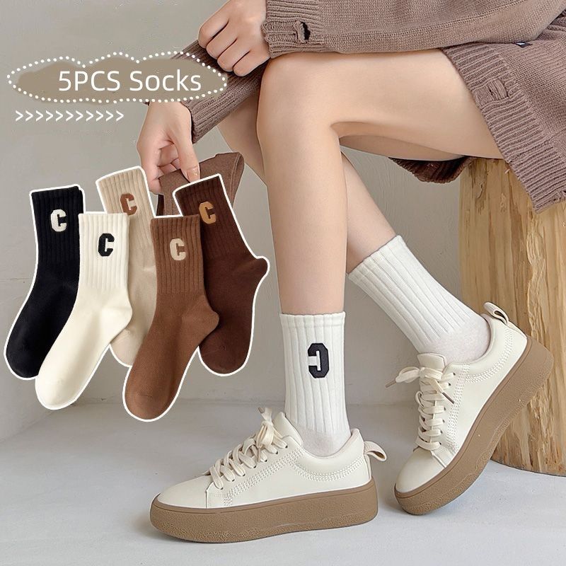 5PCS Socks Cotton Stockings Bling Ladies Trend All-fit Mid-tube Socks Autumn Winter Vertical Bar Letter Kinematic Growth Socks