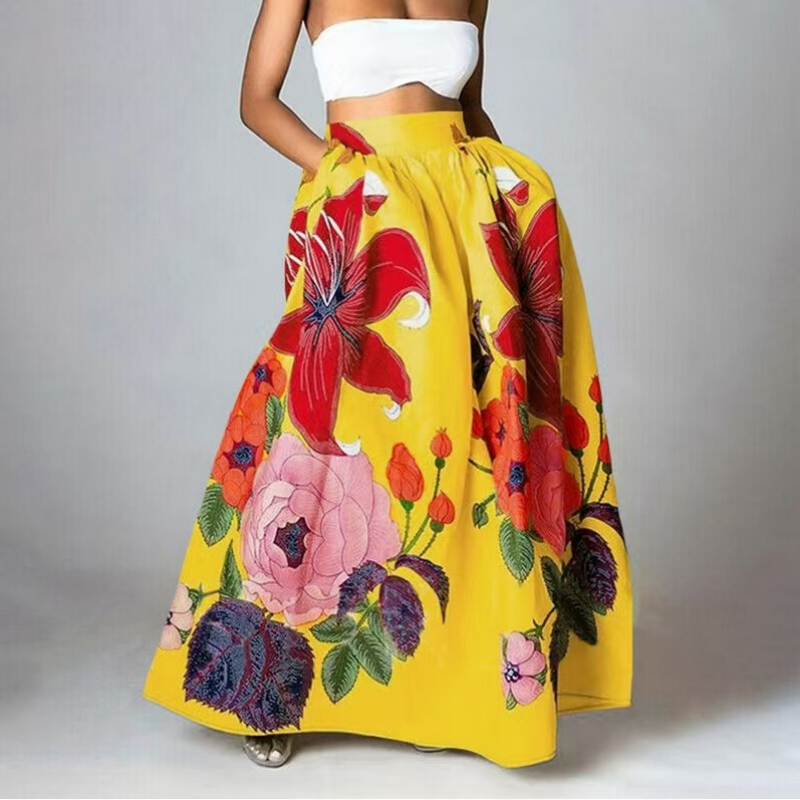 Women's Dresses Bohemian Flower Loose Half Skirt High Waist Party Holiday Beach Extra Long Dress  Slim Waist