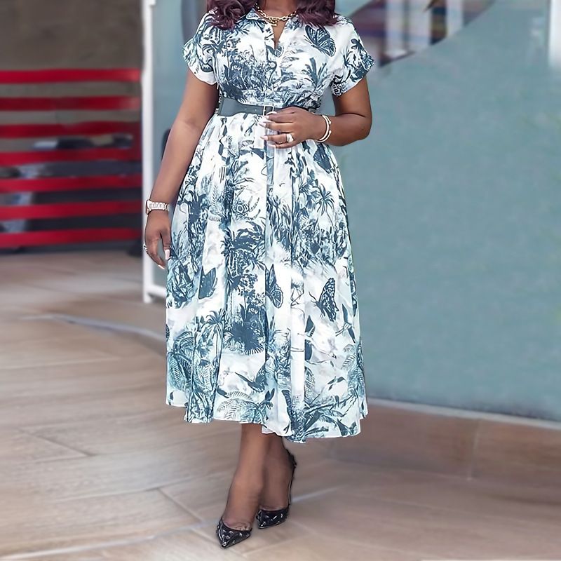 Plus Size Dresses for Women New in Summer Elegant Vintage Short Sleeve Print Maxi Dress Wholesale Dropshipping with Belt