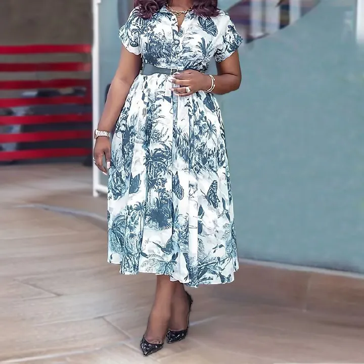 Plus Size Dresses for Women New in Summer Elegant Vintage Short Sleeve Print Maxi Dress Wholesale Dropshipping with Belt