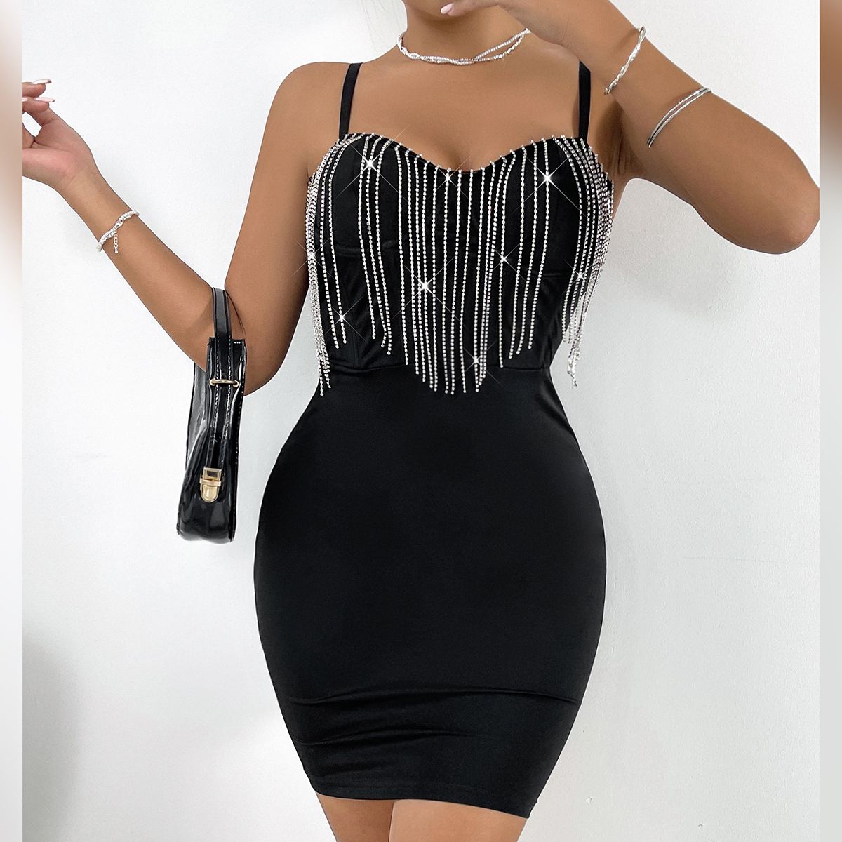 Fashion Sexy Club Party Glitter Rhinestone Chain Tassel Halter Dress Nightclub Backless Spaghetti Strap Slim Bodycon Mini Dress