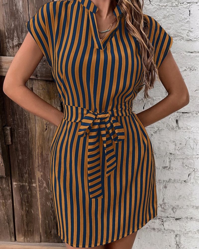 Chic Women's Striped V-Neck Dress Casual Summer Sleeveless Lace Up Short Dress Shirt Dress Elegant Office Lady Slim Dresses