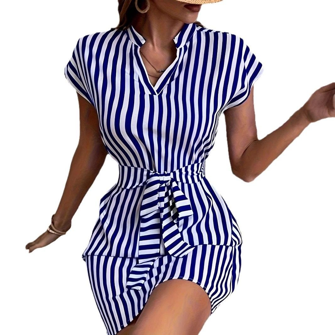 Chic Women's Striped V-Neck Dress Casual Summer Sleeveless Lace Up Short Dress Shirt Dress Elegant Office Lady Slim Dresses