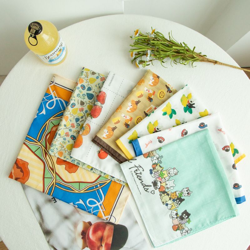 Japanese Style Cotton Handkerchief - Lightweight Square Scarf for Women, Multipurpose Headband & Wedding Favor Gift, Cute Printed Design