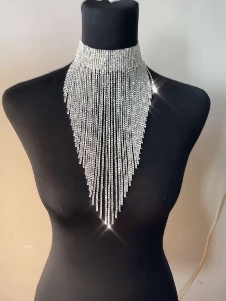 Women's Elegant Rhinestone Choker Necklace - Sexy Fringe Crystal Pendant Necklace for Nightclub & Evening Party