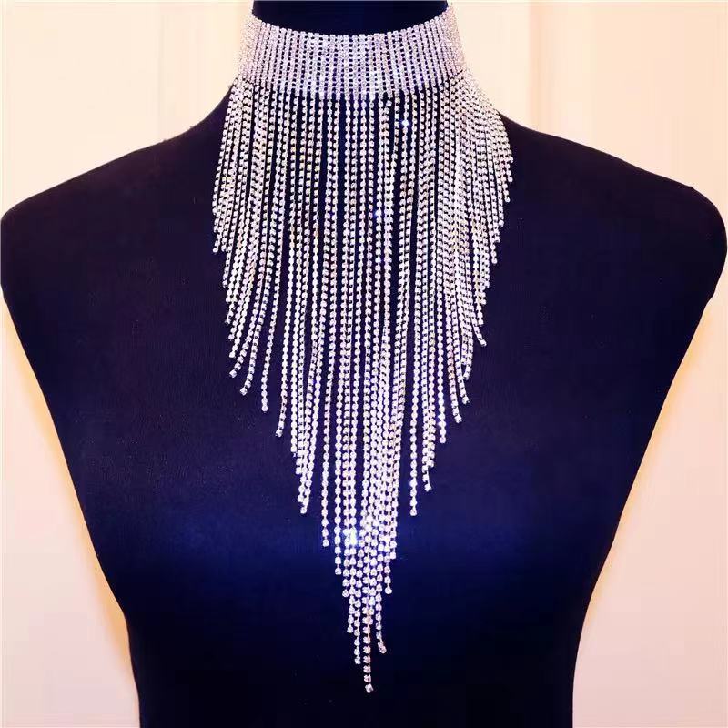 Women's Elegant Rhinestone Choker Necklace - Sexy Fringe Crystal Pendant Necklace for Nightclub & Evening Party