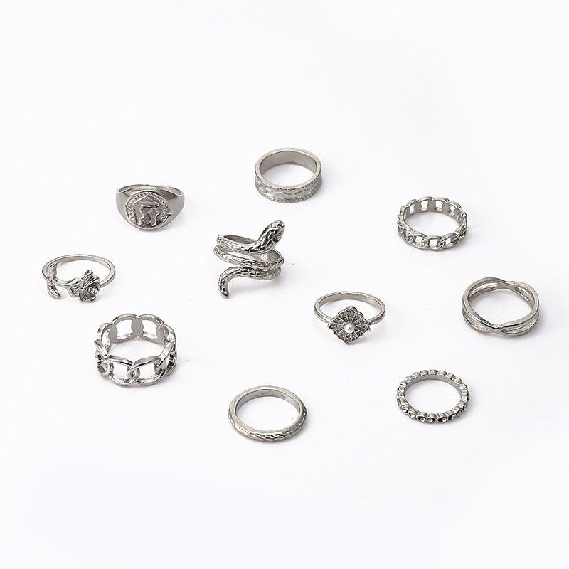 10PC Mixed Metal Ring Set - Stackable Moon Butterfly Snake Rings for Layering