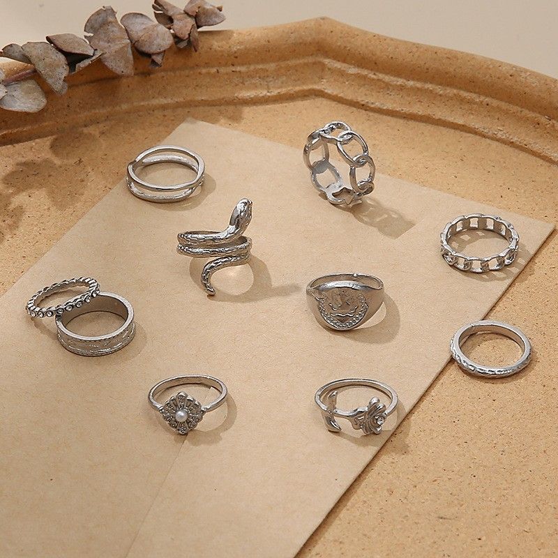 10PC Mixed Metal Ring Set - Stackable Moon Butterfly Snake Rings for Layering