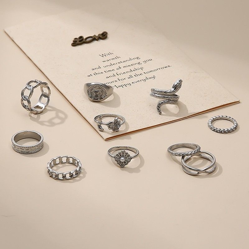 10PC Mixed Metal Ring Set - Stackable Moon Butterfly Snake Rings for Layering