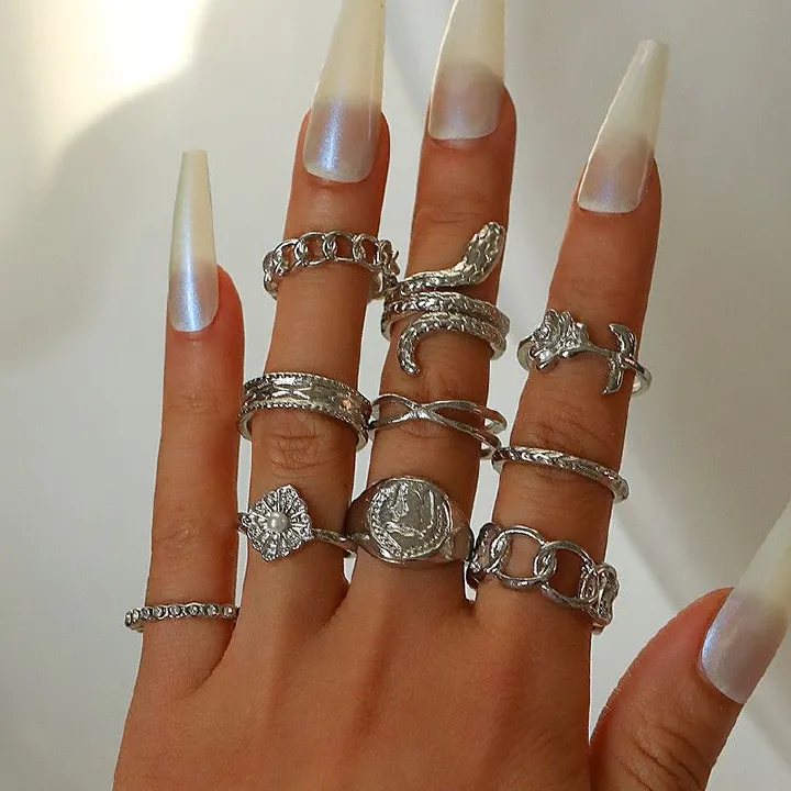 10PC Mixed Metal Ring Set - Stackable Moon Butterfly Snake Rings for Layering