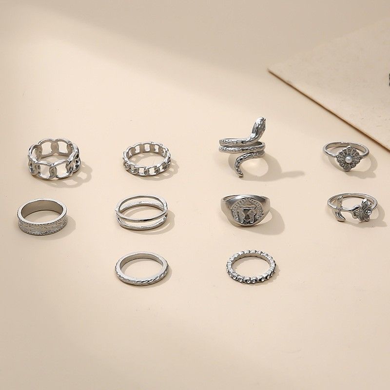 10PC Mixed Metal Ring Set - Stackable Moon Butterfly Snake Rings for Layering