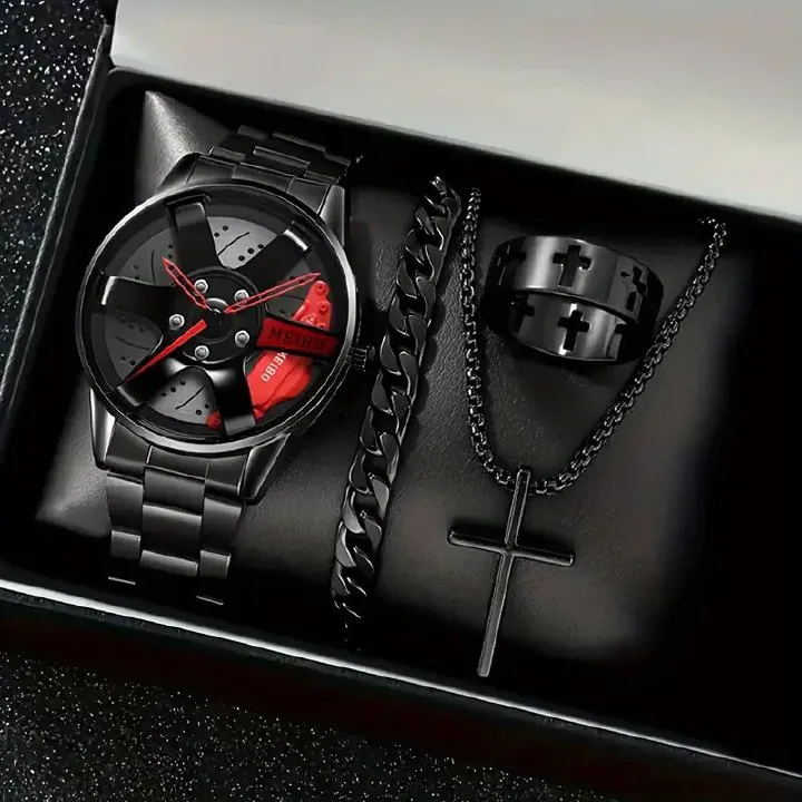 Men's Luxury Black Steel Strap Watch - Korean Fashion Tire-Shaped Skeleton Dial with Matching Chain Bracelet Set (Elegant Gift Box Included)