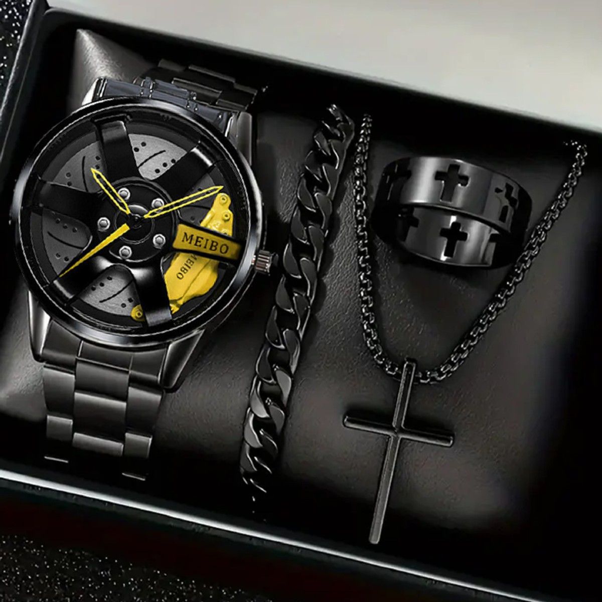 Men's Luxury Black Steel Strap Watch - Korean Fashion Tire-Shaped Skeleton Dial with Matching Chain Bracelet Set (Elegant Gift Box Included)