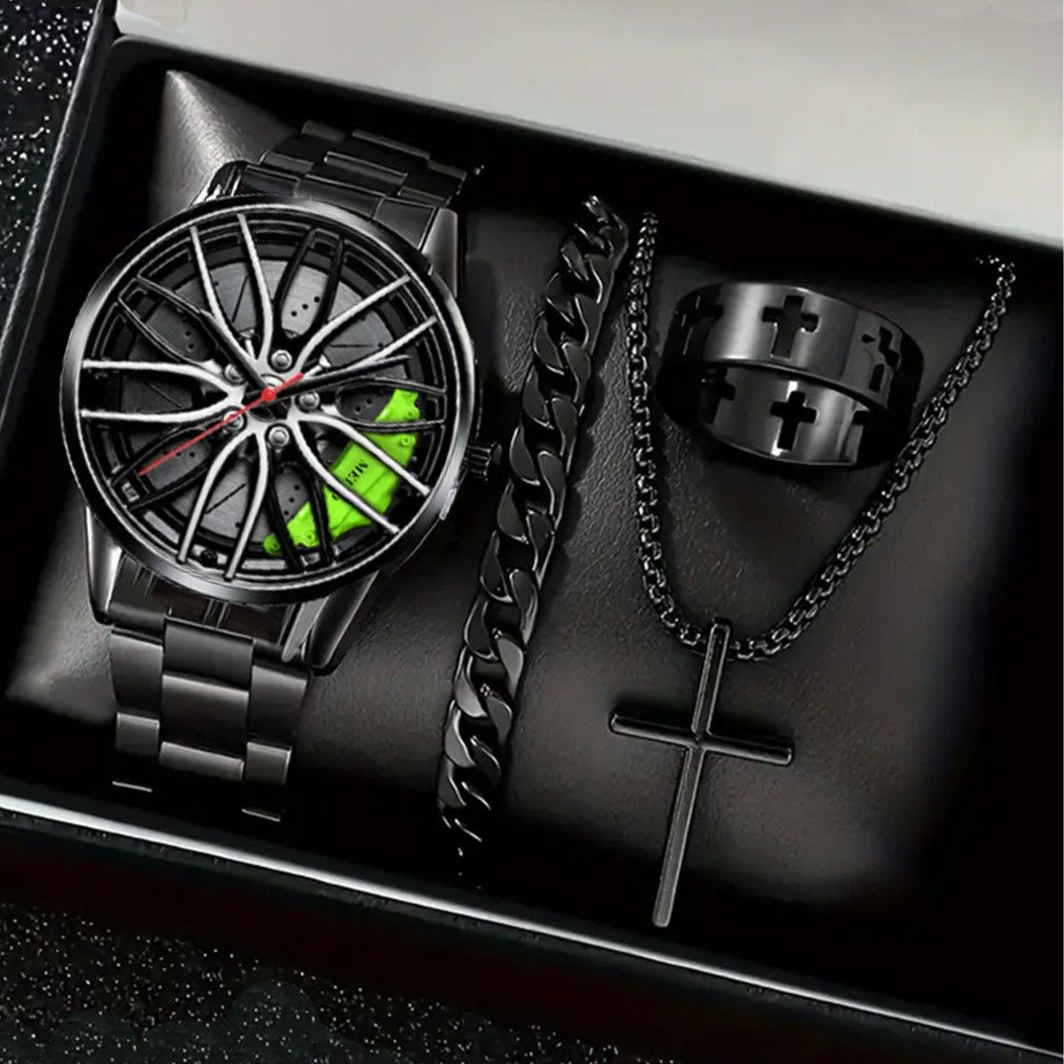 Men's Luxury Black Steel Strap Watch - Korean Fashion Tire-Shaped Skeleton Dial with Matching Chain Bracelet Set (Elegant Gift Box Included)