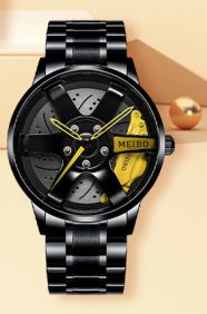 Men's Luxury Black Steel Strap Watch - Korean Fashion Tire-Shaped Skeleton Dial with Matching Chain Bracelet Set (Elegant Gift Box Included)