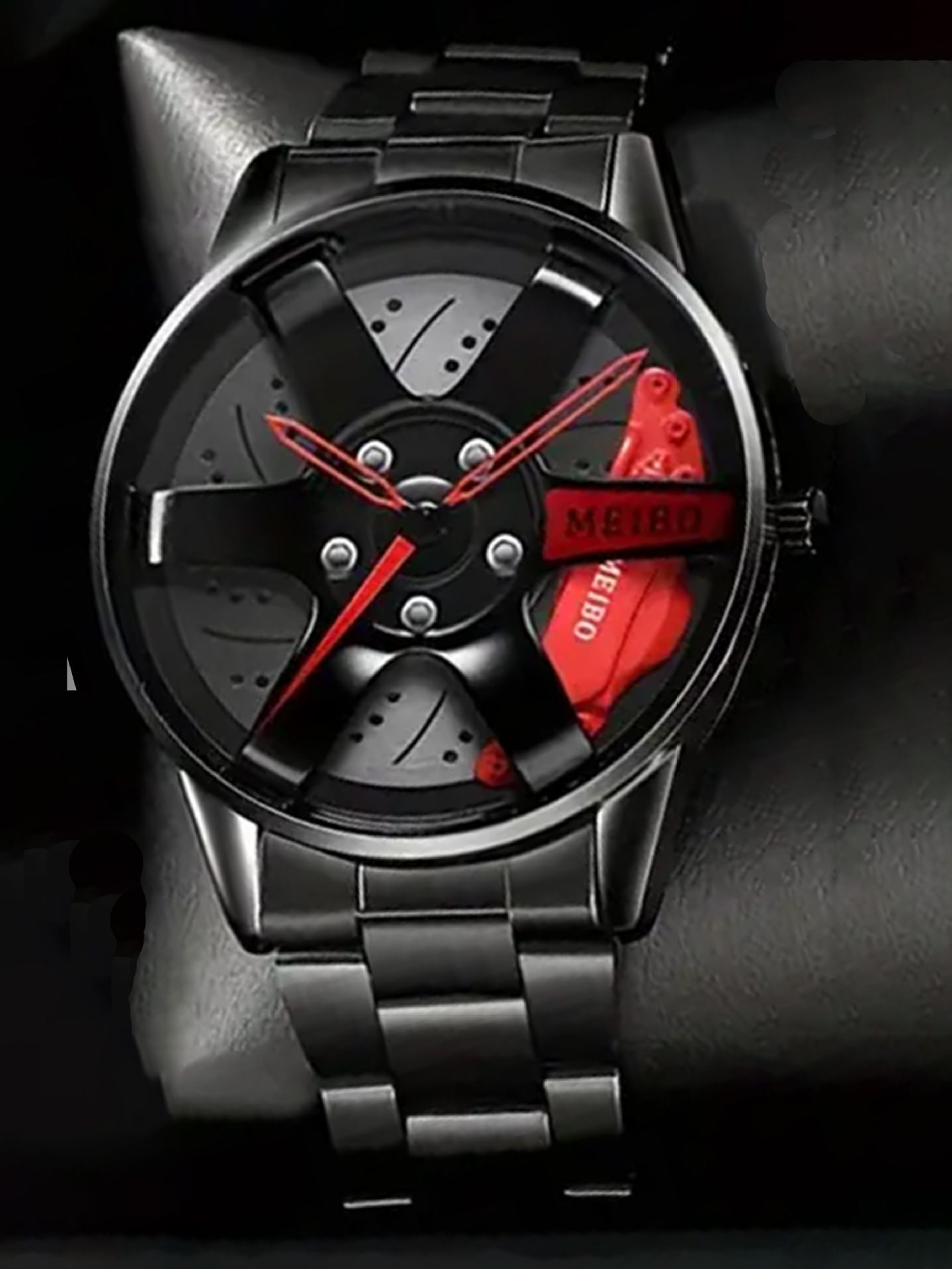 Men's Luxury Black Steel Strap Watch - Korean Fashion Tire-Shaped Skeleton Dial with Matching Chain Bracelet Set (Elegant Gift Box Included)