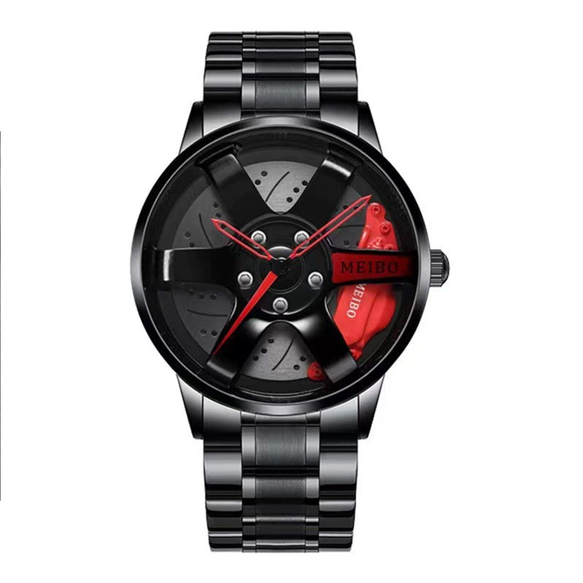 Men's Luxury Black Steel Strap Watch - Korean Fashion Tire-Shaped Skeleton Dial with Matching Chain Bracelet Set (Elegant Gift Box Included)