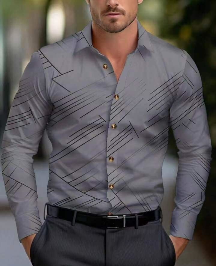 Men's Shirts Lapel Stripe Print Casual Business Single-Breasted Cardigan Long Sleeve Shirt Fashion Tops Men Clothing Shirt