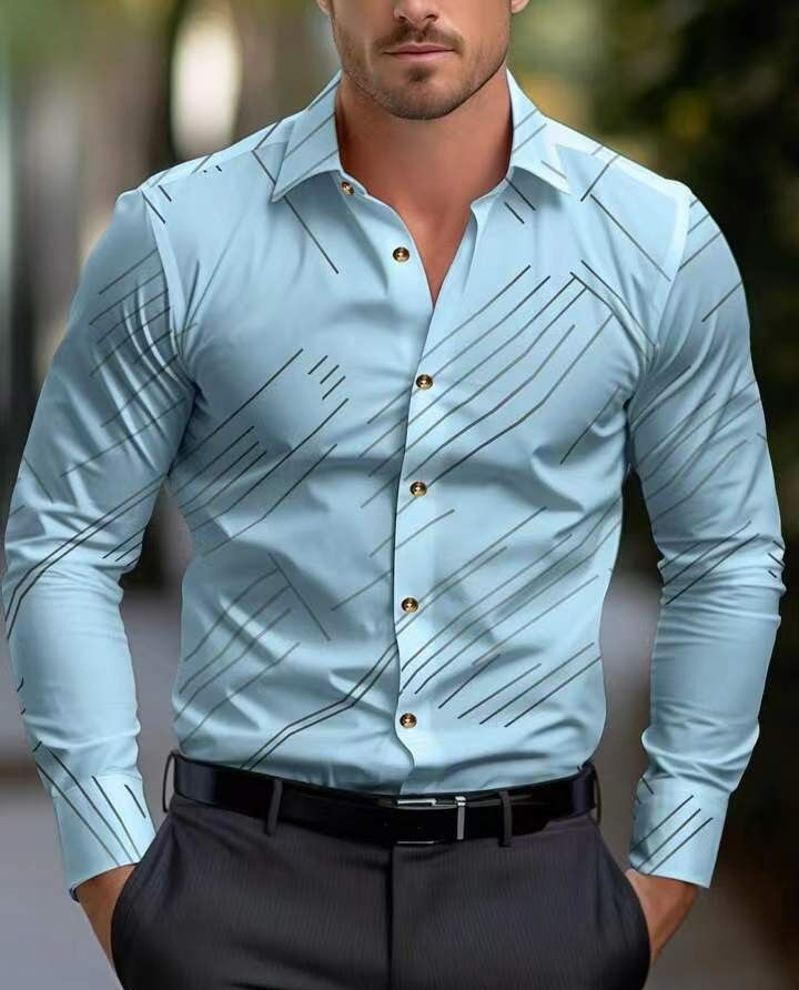 Men's Shirts Lapel Stripe Print Casual Business Single-Breasted Cardigan Long Sleeve Shirt Fashion Tops Men Clothing Shirt