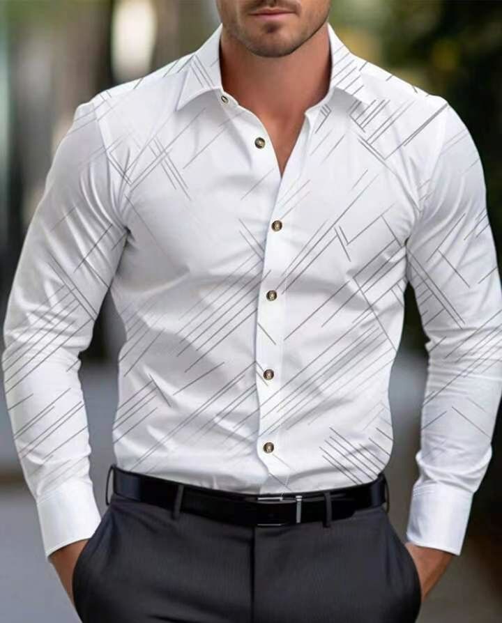 Men's Shirts Lapel Stripe Print Casual Business Single-Breasted Cardigan Long Sleeve Shirt Fashion Tops Men Clothing Shirt