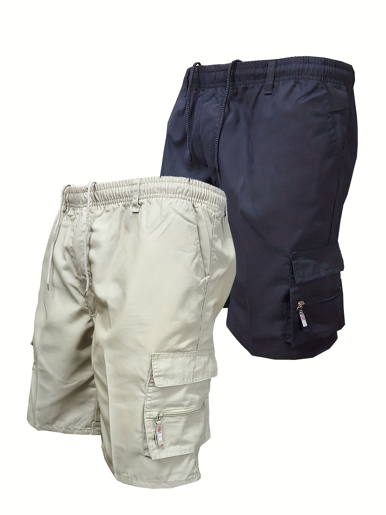 2pcs Men's Tactical Shorts Summer Casual Cargo Shorts Knee-length Multi-pockets Elastic Waist Work Hiking Overalls Short Pants Drawstring Pants