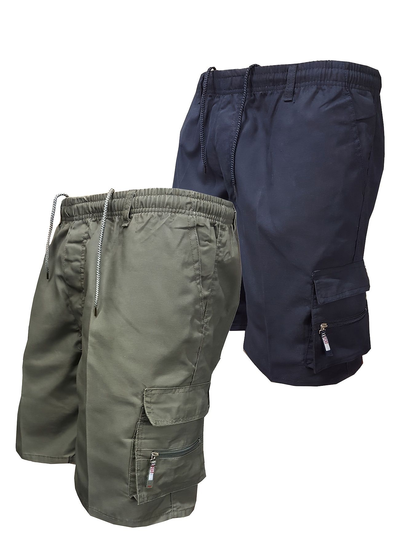 2pcs Men's Tactical Shorts Summer Casual Cargo Shorts Knee-length Multi-pockets Elastic Waist Work Hiking Overalls Short Pants Drawstring Pants