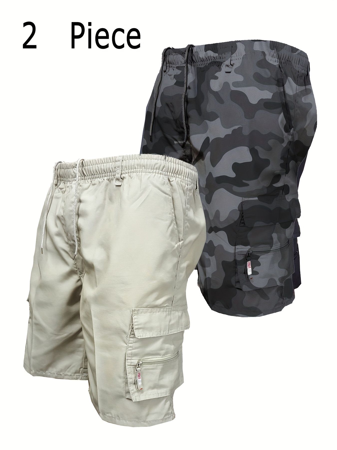 2pcs Men's Tactical Shorts Summer Casual Cargo Shorts Knee-length Multi-pockets Elastic Waist Work Hiking Overalls Short Pants Drawstring Pants