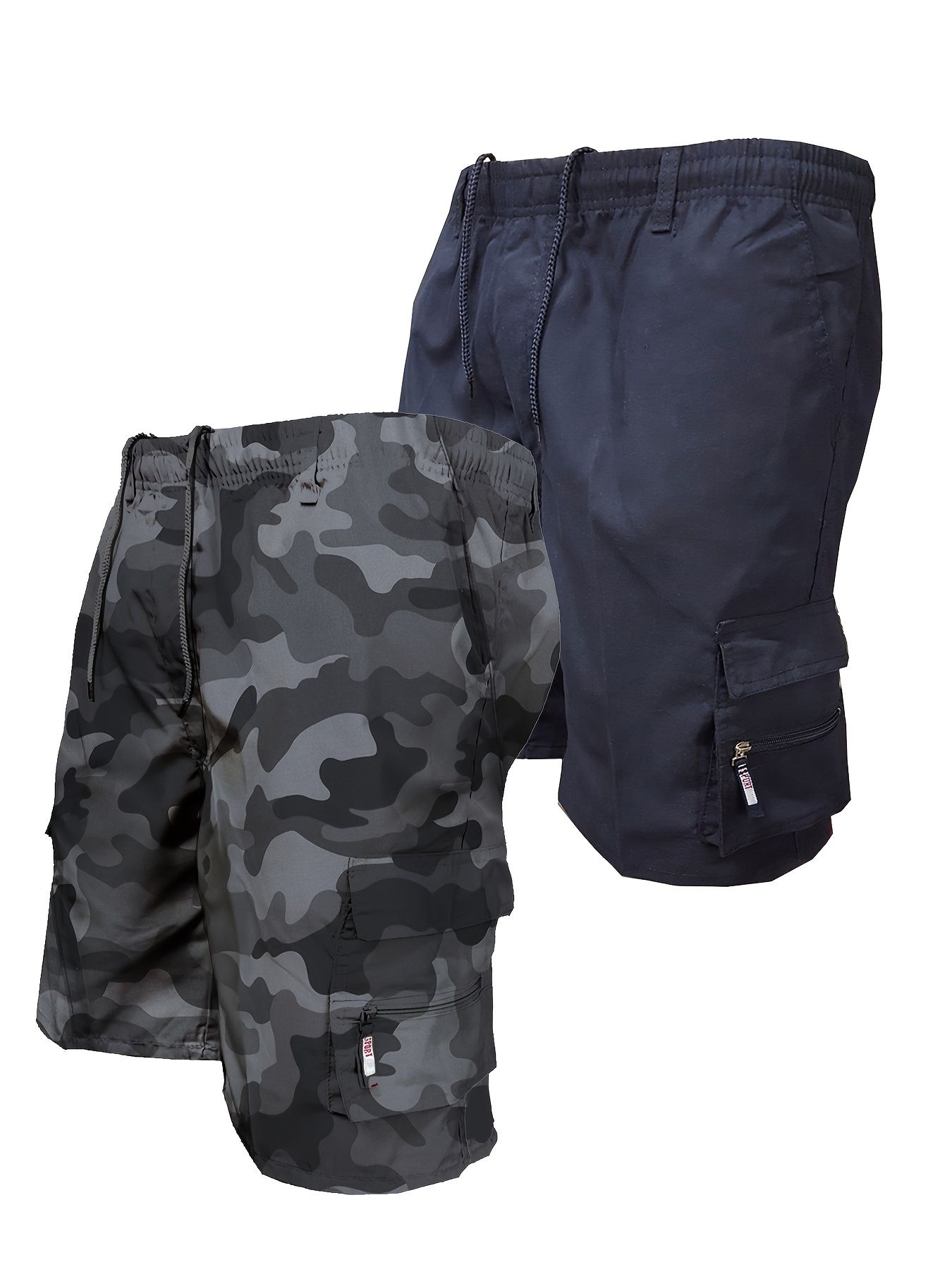 2pcs Men's Tactical Shorts Summer Casual Cargo Shorts Knee-length Multi-pockets Elastic Waist Work Hiking Overalls Short Pants Drawstring Pants