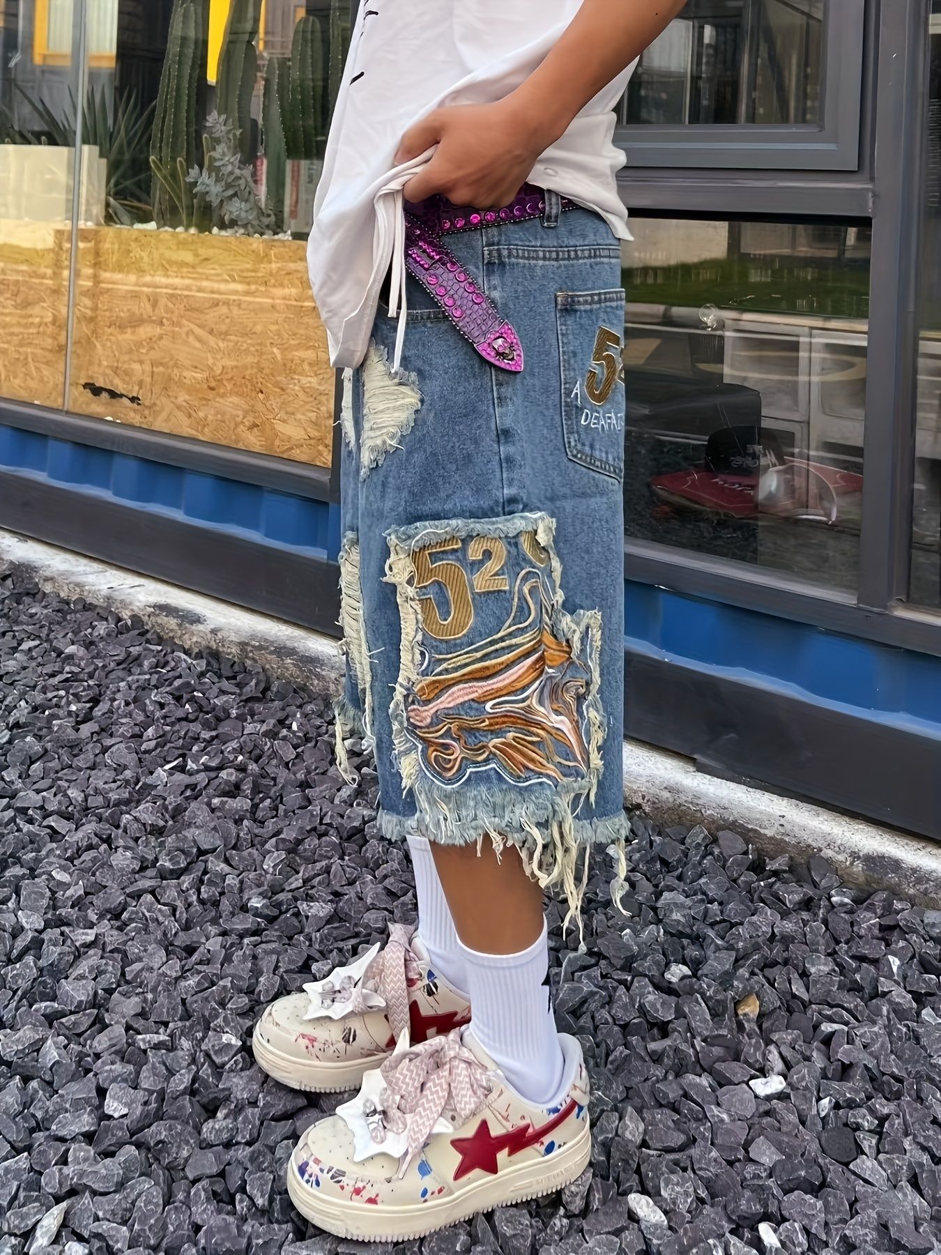 Men's Hip-Hop Baggy Denim Shorts | Men's Baggy Distressed Denim Shorts | Street Style Summer Shorts | Distressed Ripped, Embroidered Patchwork & Fringe for Streetwear Fashion Style