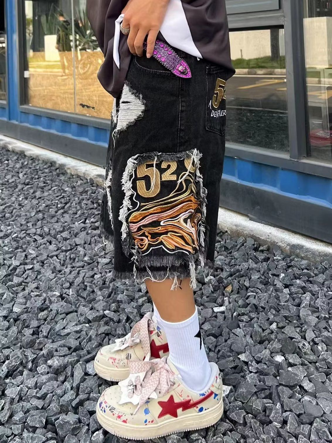 Men's Hip-Hop Baggy Denim Shorts | Men's Baggy Distressed Denim Shorts | Street Style Summer Shorts | Distressed Ripped, Embroidered Patchwork & Fringe for Streetwear Fashion Style