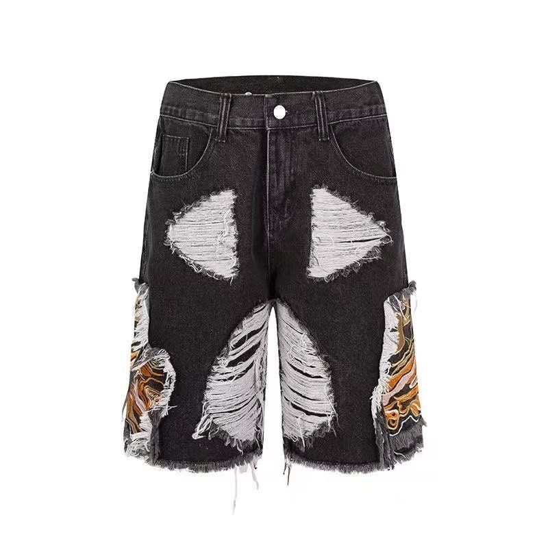 Men's Hip-Hop Baggy Denim Shorts | Men's Baggy Distressed Denim Shorts | Street Style Summer Shorts | Distressed Ripped, Embroidered Patchwork & Fringe for Streetwear Fashion Style