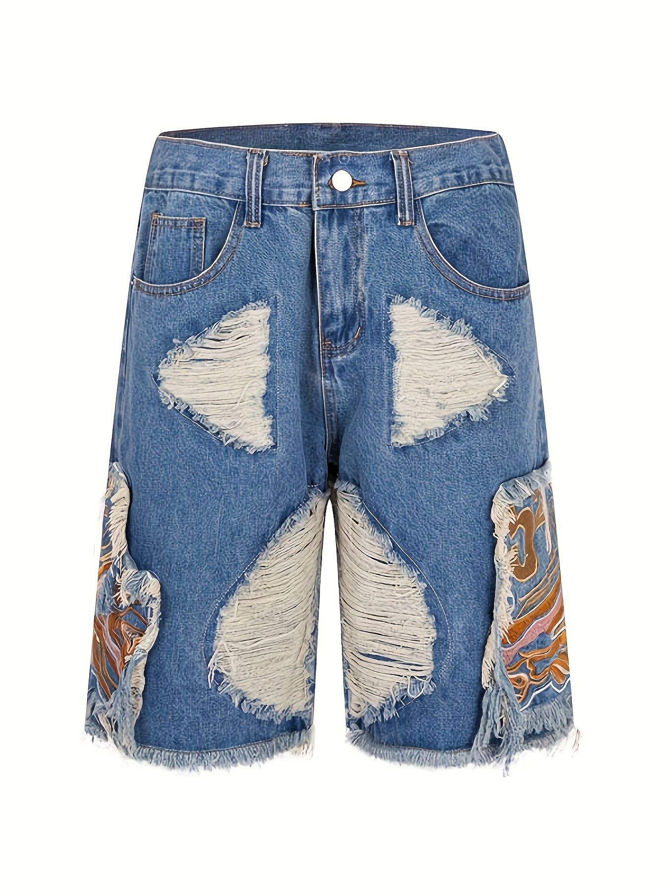 Men's Hip-Hop Baggy Denim Shorts | Men's Baggy Distressed Denim Shorts | Street Style Summer Shorts | Distressed Ripped, Embroidered Patchwork & Fringe for Streetwear Fashion Style