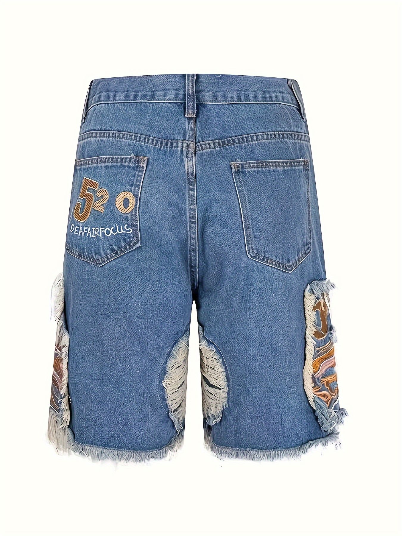 Men's Hip-Hop Baggy Denim Shorts | Men's Baggy Distressed Denim Shorts | Street Style Summer Shorts | Distressed Ripped, Embroidered Patchwork & Fringe for Streetwear Fashion Style