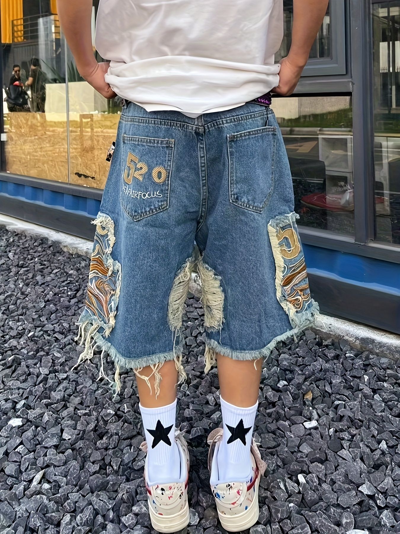 Men's Hip-Hop Baggy Denim Shorts | Men's Baggy Distressed Denim Shorts | Street Style Summer Shorts | Distressed Ripped, Embroidered Patchwork & Fringe for Streetwear Fashion Style