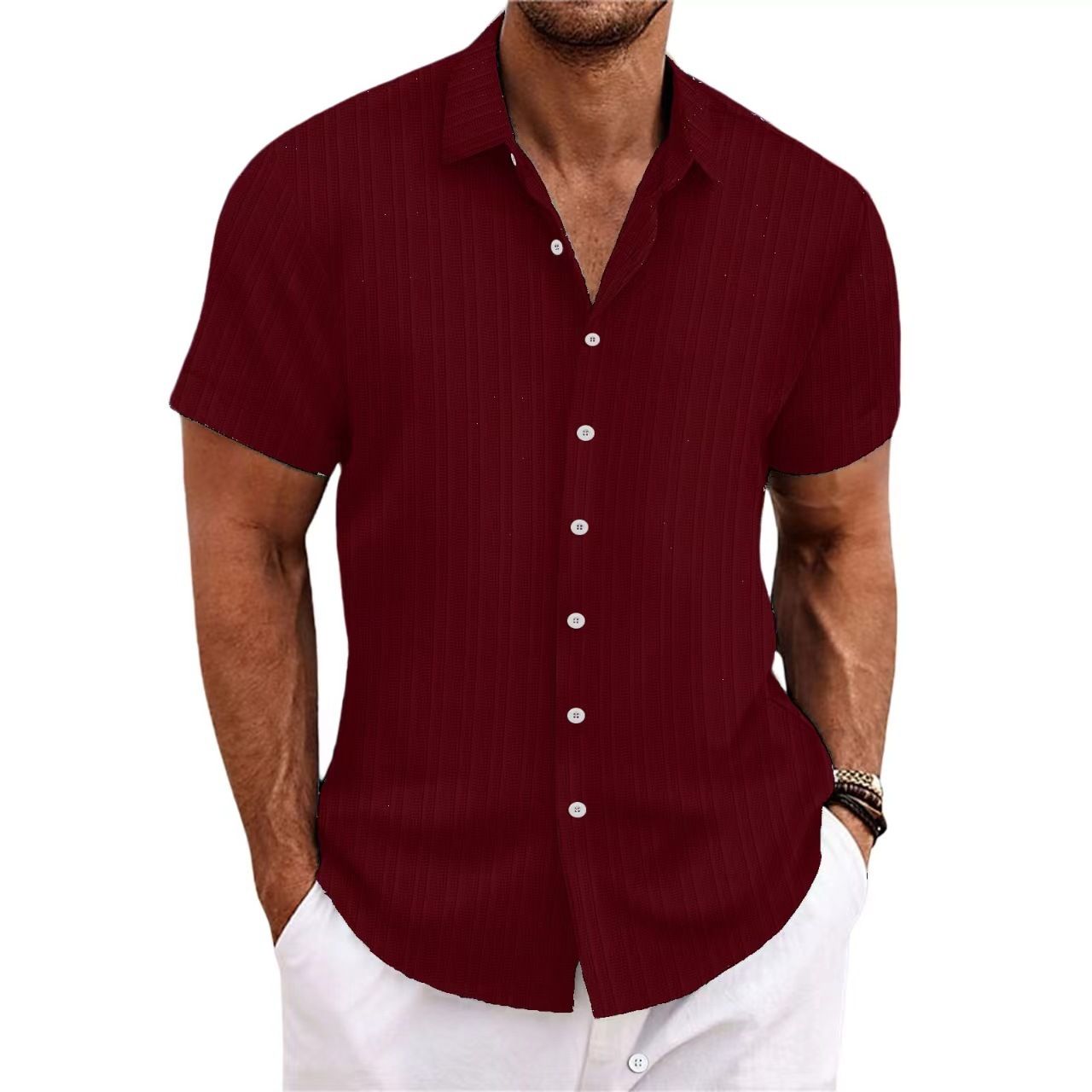 Solid Color Jacquard Strip Short-sleeved Shirt Men's Daily Wear Woven Summer Shirt for Weekend Casual