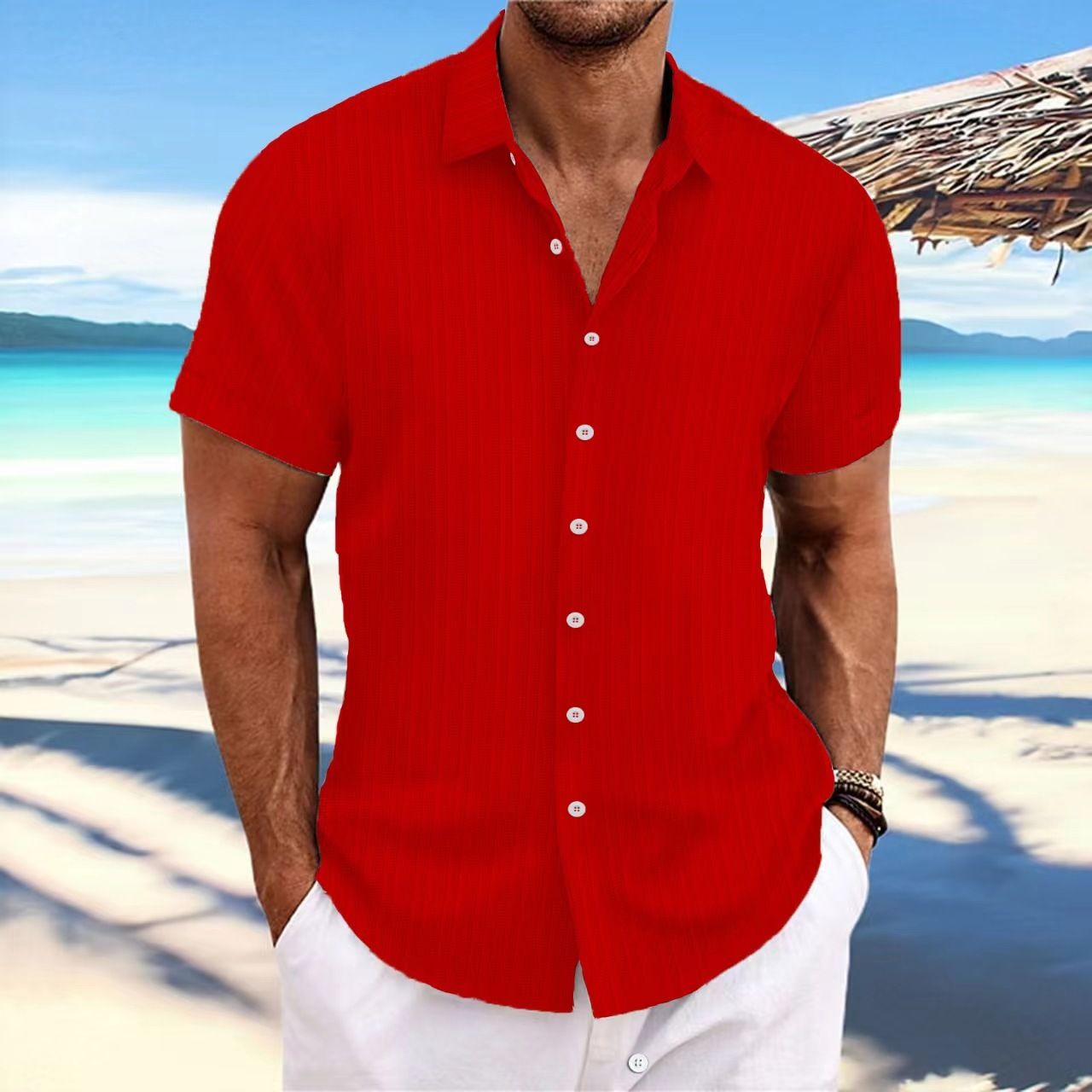 Solid Color Jacquard Strip Short-sleeved Shirt Men's Daily Wear Woven Summer Shirt for Weekend Casual