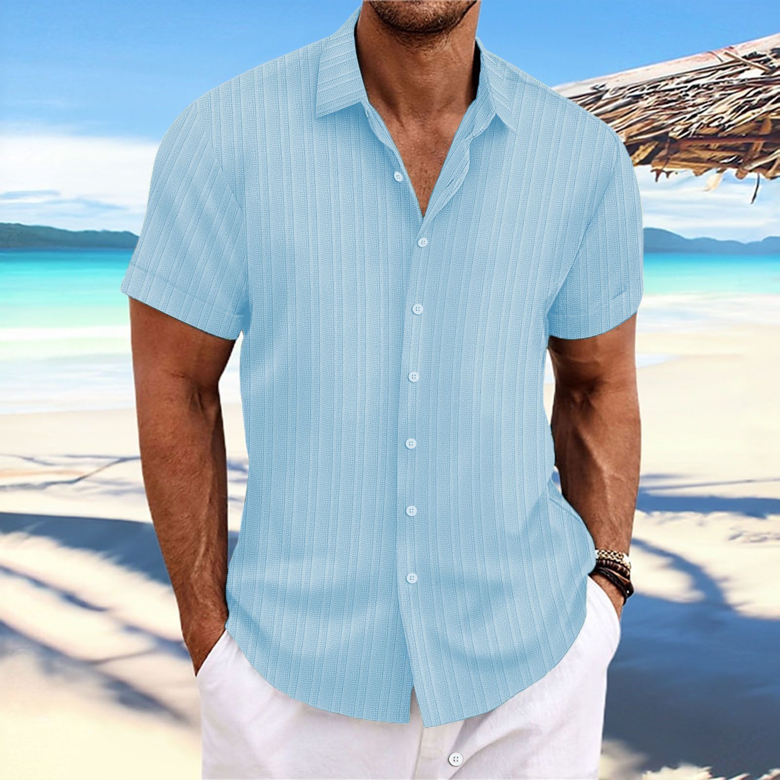 Solid Color Jacquard Strip Short-sleeved Shirt Men's Daily Wear Woven Summer Shirt for Weekend Casual